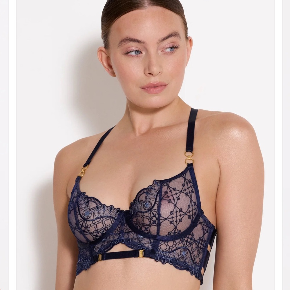 Bordelle Mari Longline Bodice Bra Navy Blue NWT S 30D 32C 34B 24k gold plated